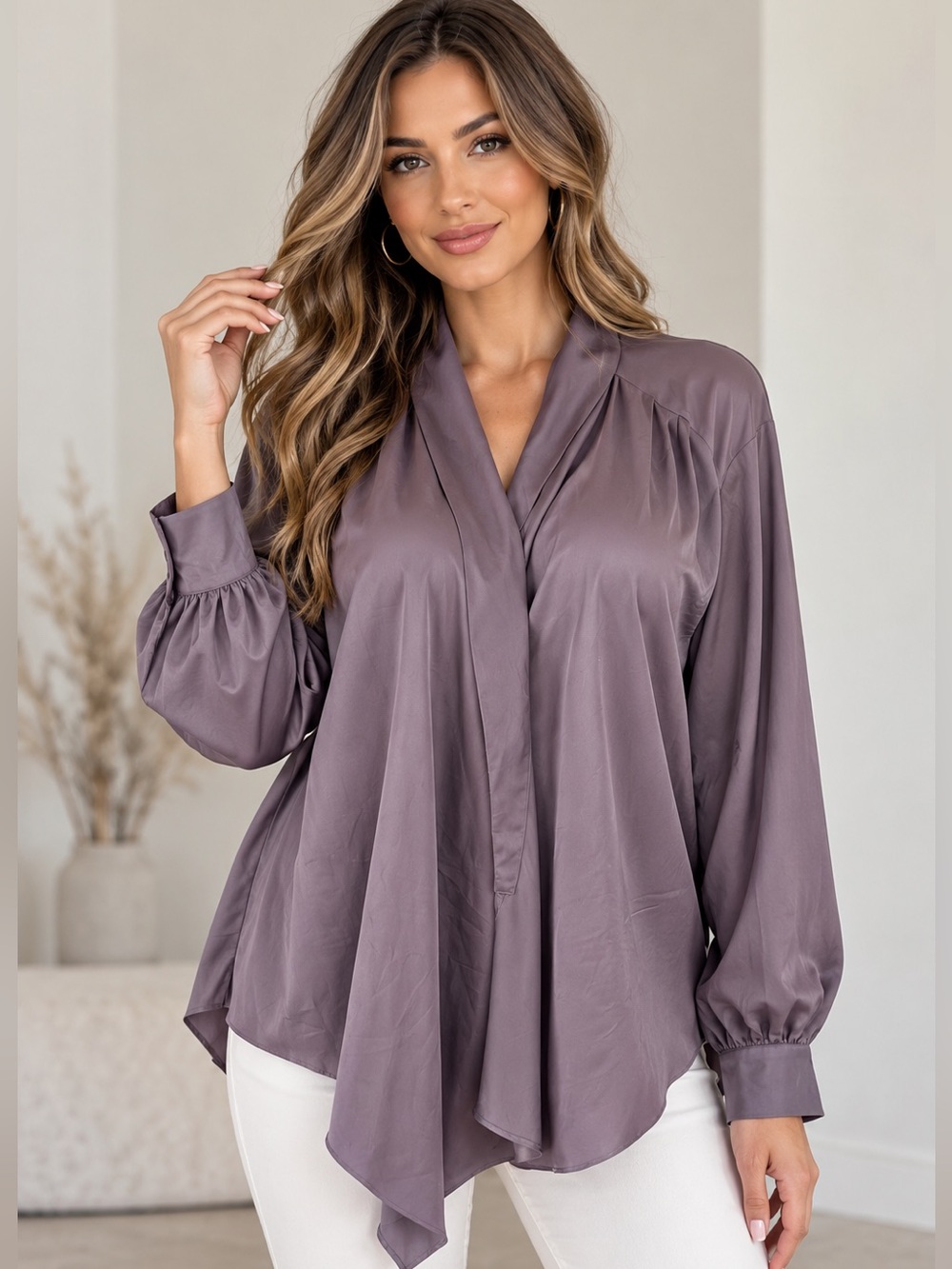 Vici V-Neck Long Sleeve Silky Top - Dusty Mauve Blouse L